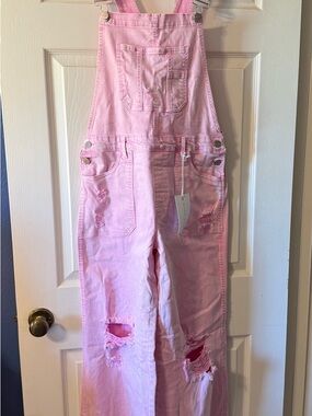 Risen Brand Pink Distressed Denim Overalls